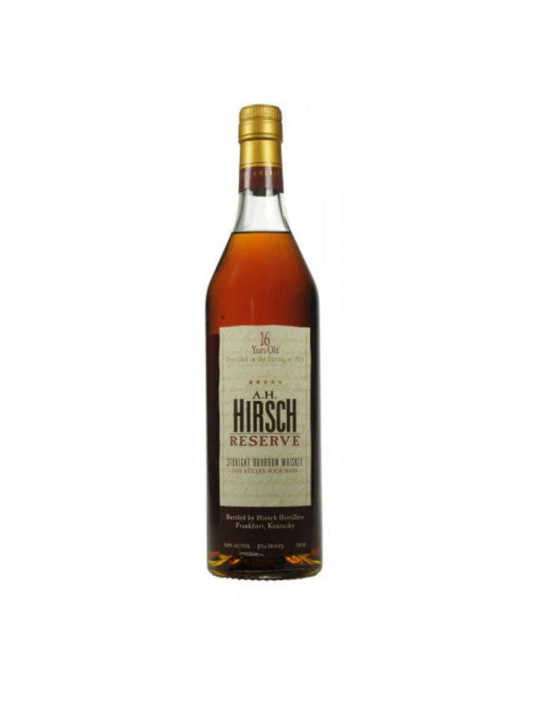 A.H. Hirsch Reserve 16 Year Old Gold Foil Straight Bourbon Whiskey Bottle on White Background