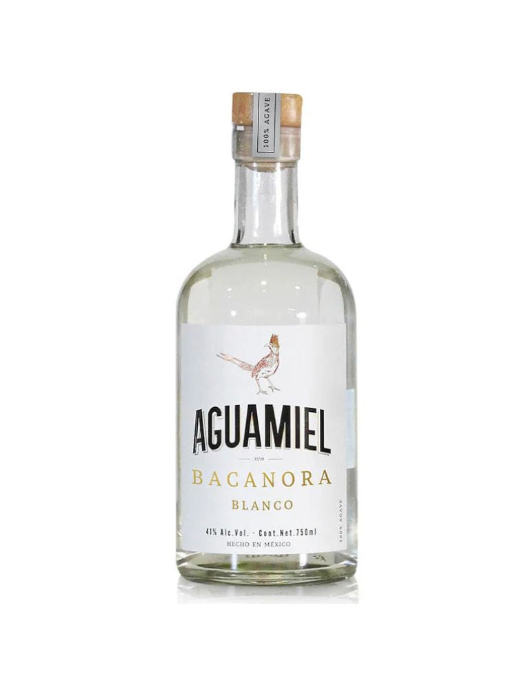 Aguamiel Bacanora Blanco bottle on white background.