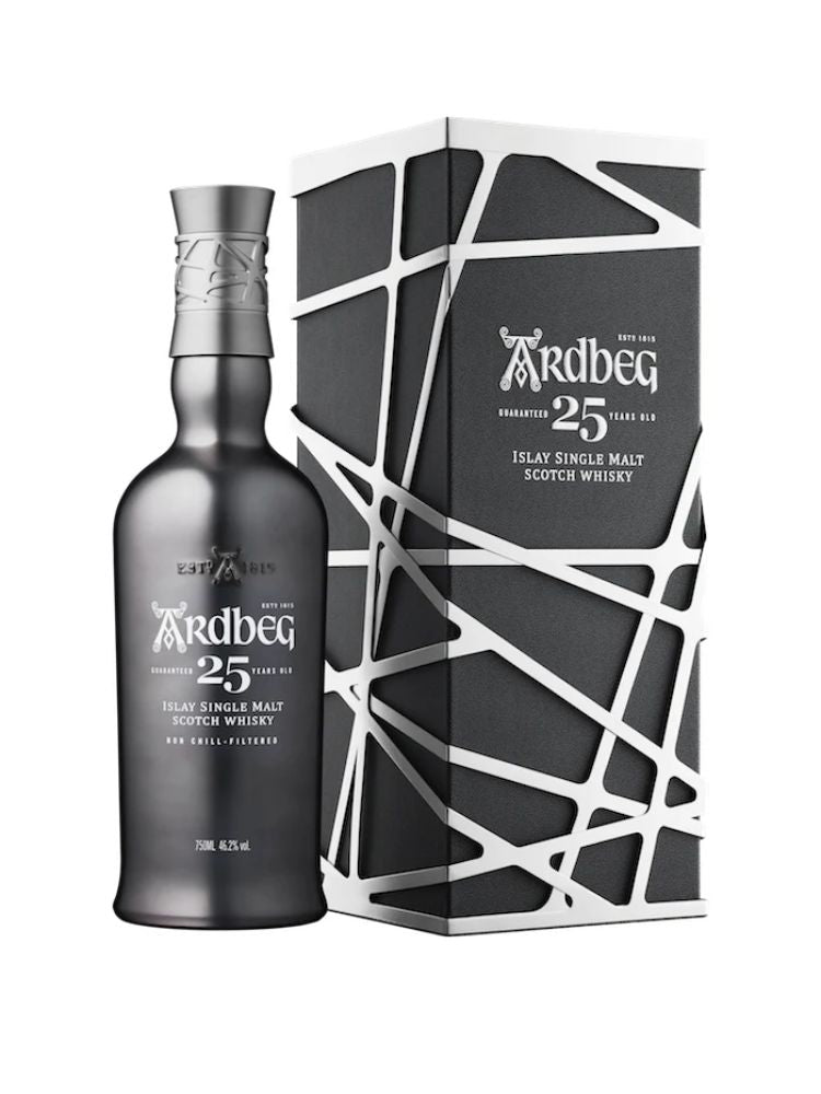 Ardbeg 25 Years Old, 750mL Bottle on White Background.