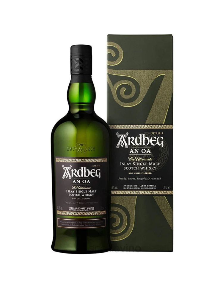 Ardbeg Single Malt Scotch An Oa, 750mL Bottle on White Background.