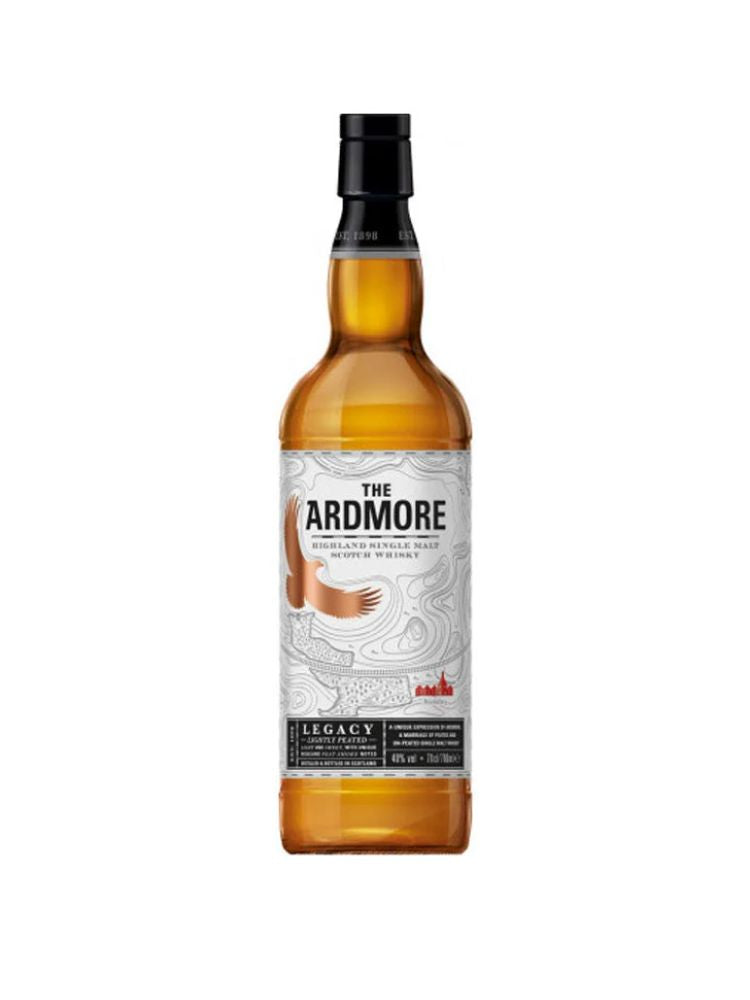 Ardmore Single Malt Scotch Legacy Lightly Peated, 750mL Bottle on White Background.