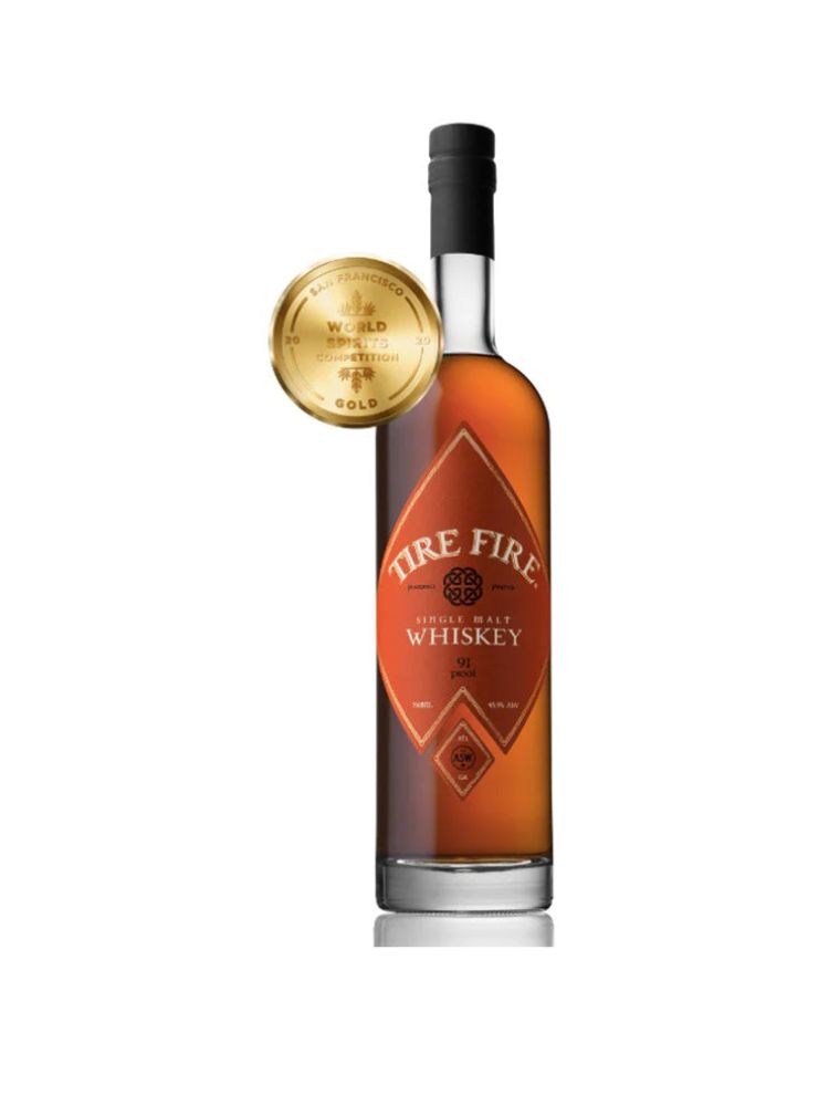 ASW Distillery Tire Fire Heavily Peated Single Malt Whiskey, 750mL Bottle on White Background