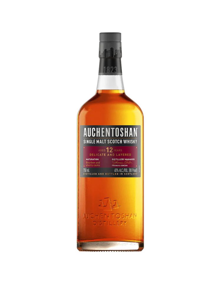 Auchentoshan 12 Year Old Single Malt Scotch Whisky, 750mL Bottle on White Background.