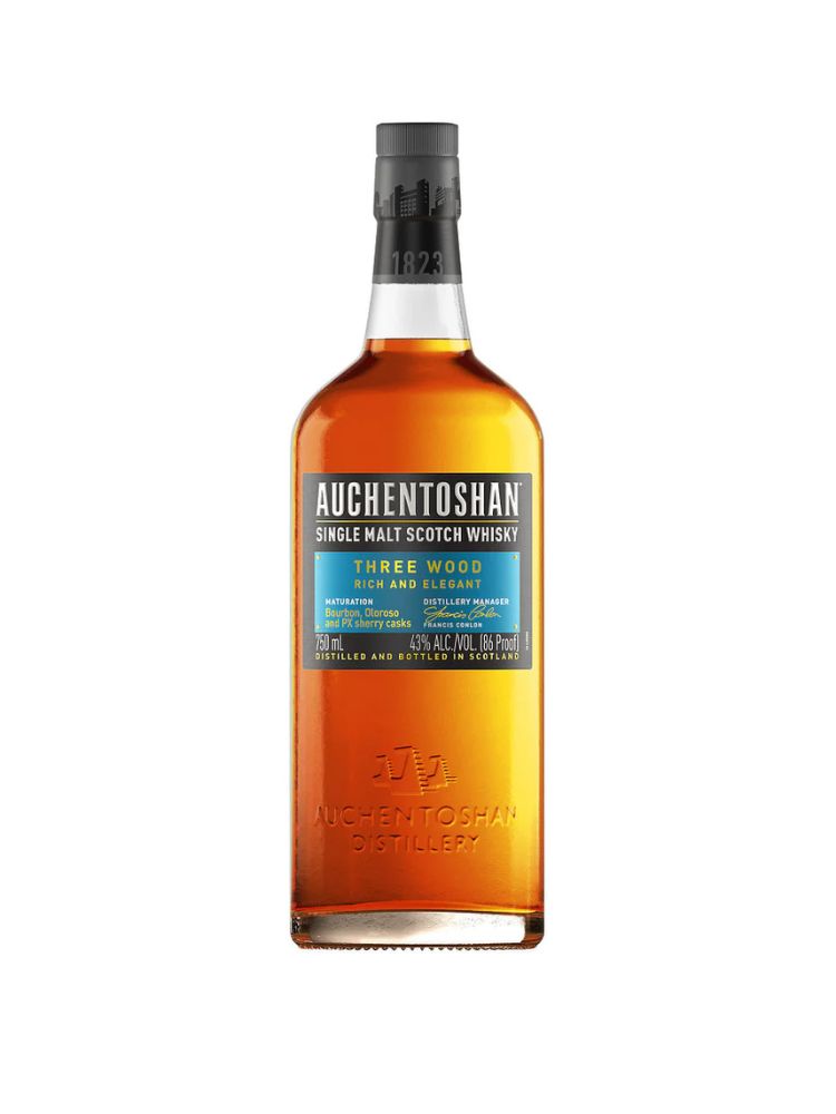 Auchentoshan Three Wood Single Malt Scotch Whisky, 750mL Bottle on White Background.