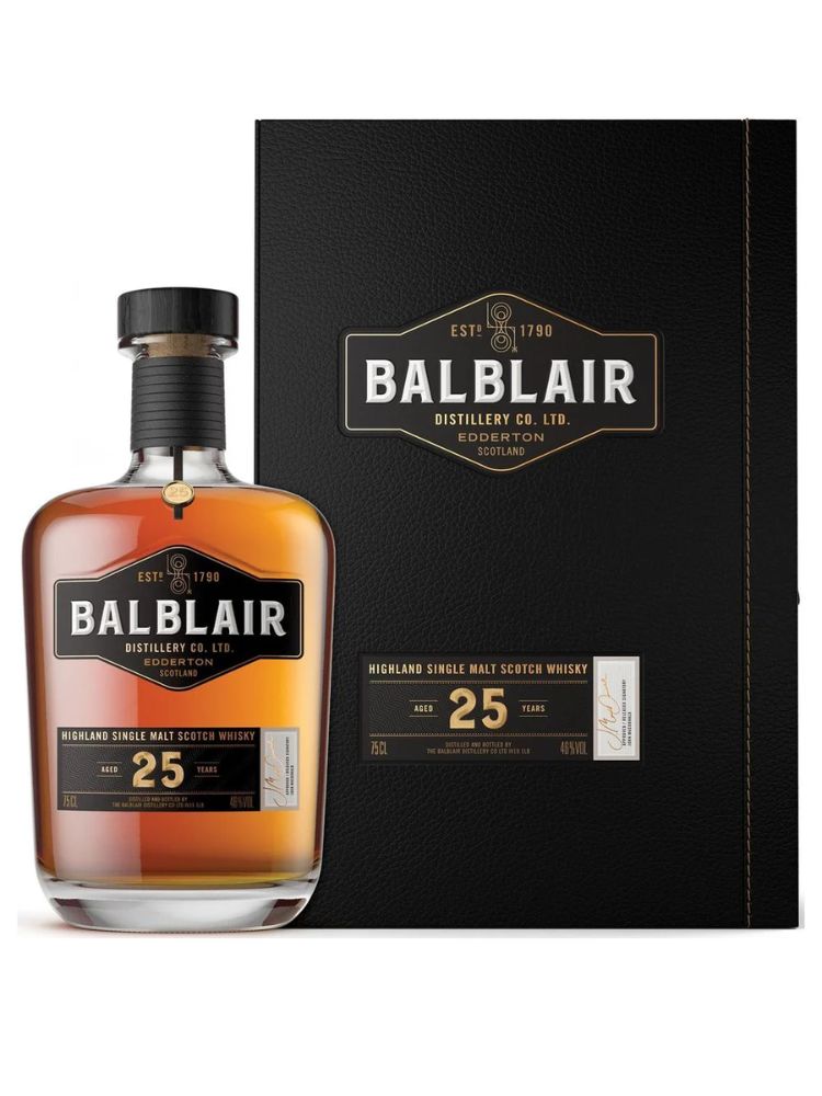 Balblair Single Malt Scotch 25 Yr, 750mL Bottle on White Background.