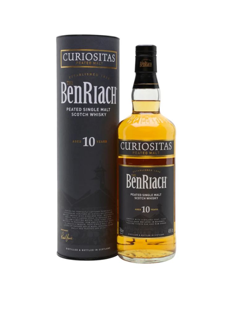 BenRiach Curiositas Peated Single Malt Whisky 10 Year, 750mL Bottle on White Background.