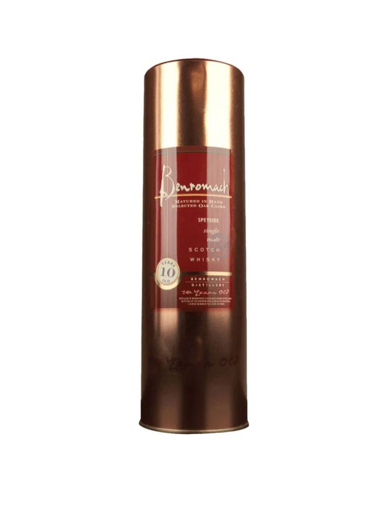 Benromach 10 Year, 750mL Bottle on White Background.