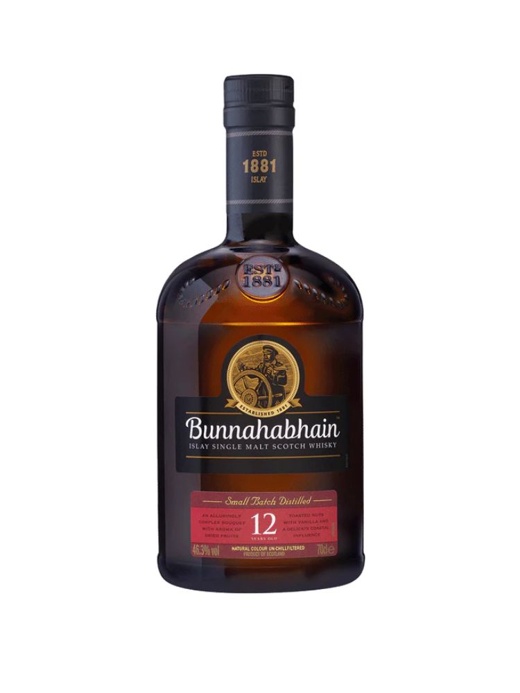 Bunnahabhain 12 Year Old, 750mL Bottle on White Background.