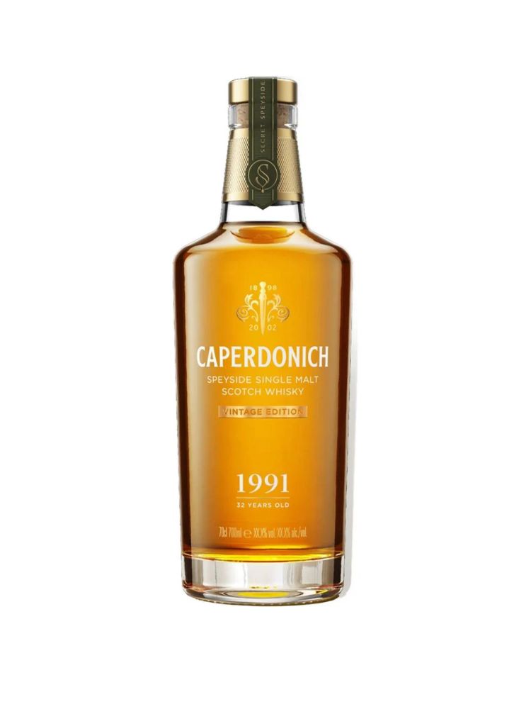 Caperdonich 1991 Vintage 32 Year Old Single Malt Scotch Whisky, 700mL Bottle on White Background.