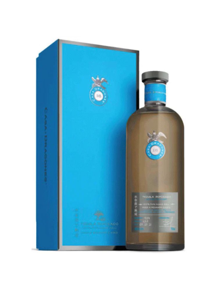 Casa Dragones Reposado Mizunara Cask Tequila bottle on white background.
