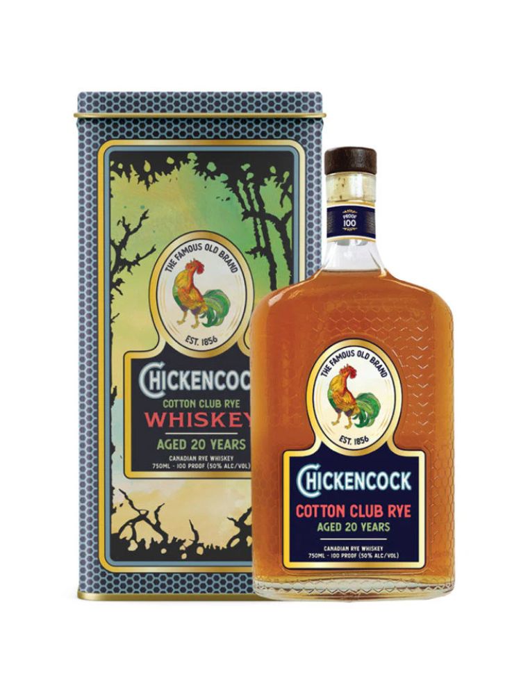 Chicken Cock 20 Years Old Cotton Club Canadian Rye Whiskey bottle on white background