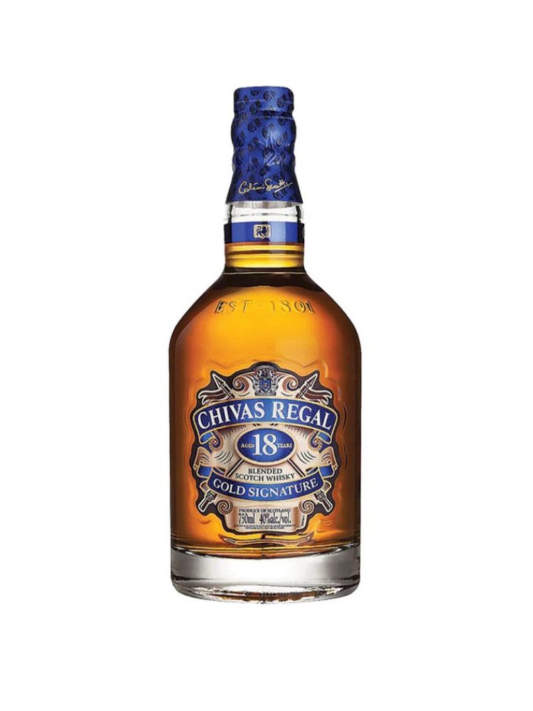 Chivas Regal 18 Year Old Blended Scotch Whisky, 750mL Bottle on White Background.