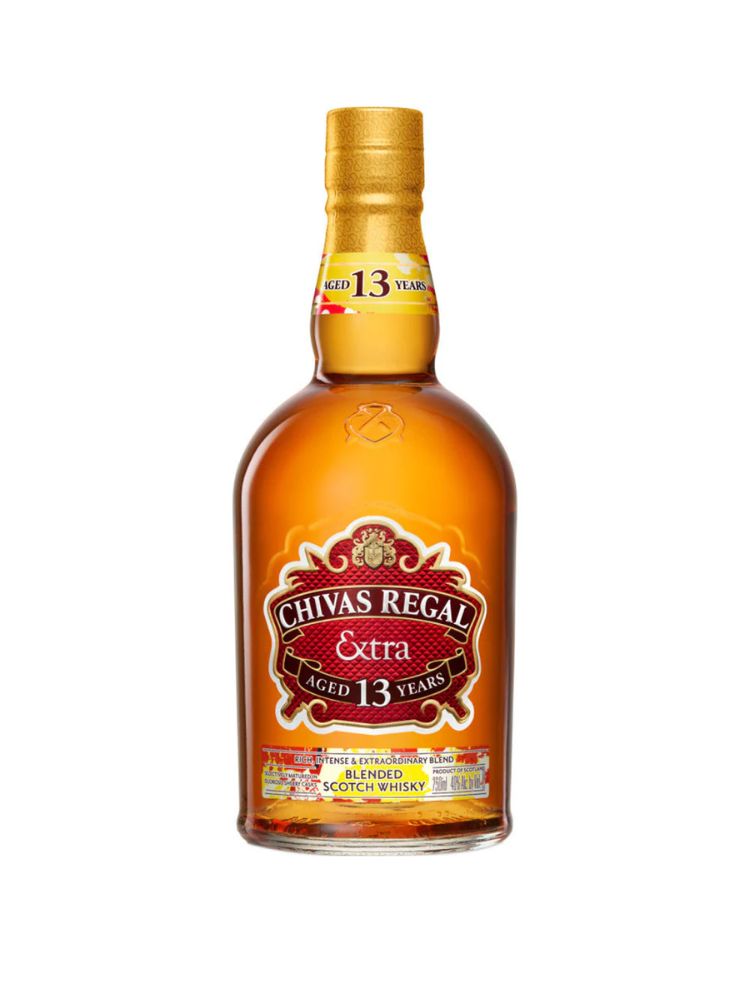 Chivas Regal Extra 13 Year Old Sherry Cask Blended Scotch Whisky, 750mL Bottle on White Background.