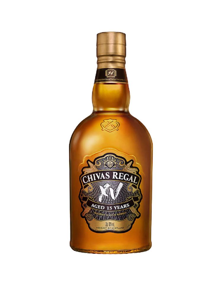 Chivas Regal XV 15 Year Old Blended Scotch Whisky, 750mL Bottle on White Background.