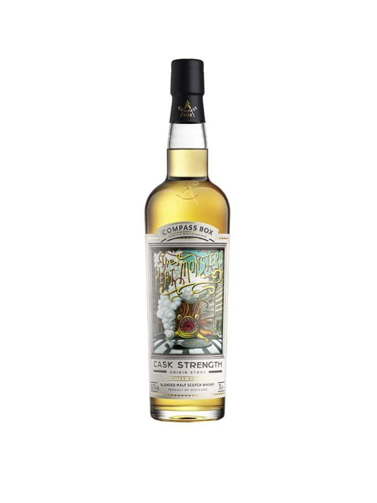 Compass Box The Peat Monster Cask Strength Blended Malt Scotch Whisky, 700mL Bottle on White Background.