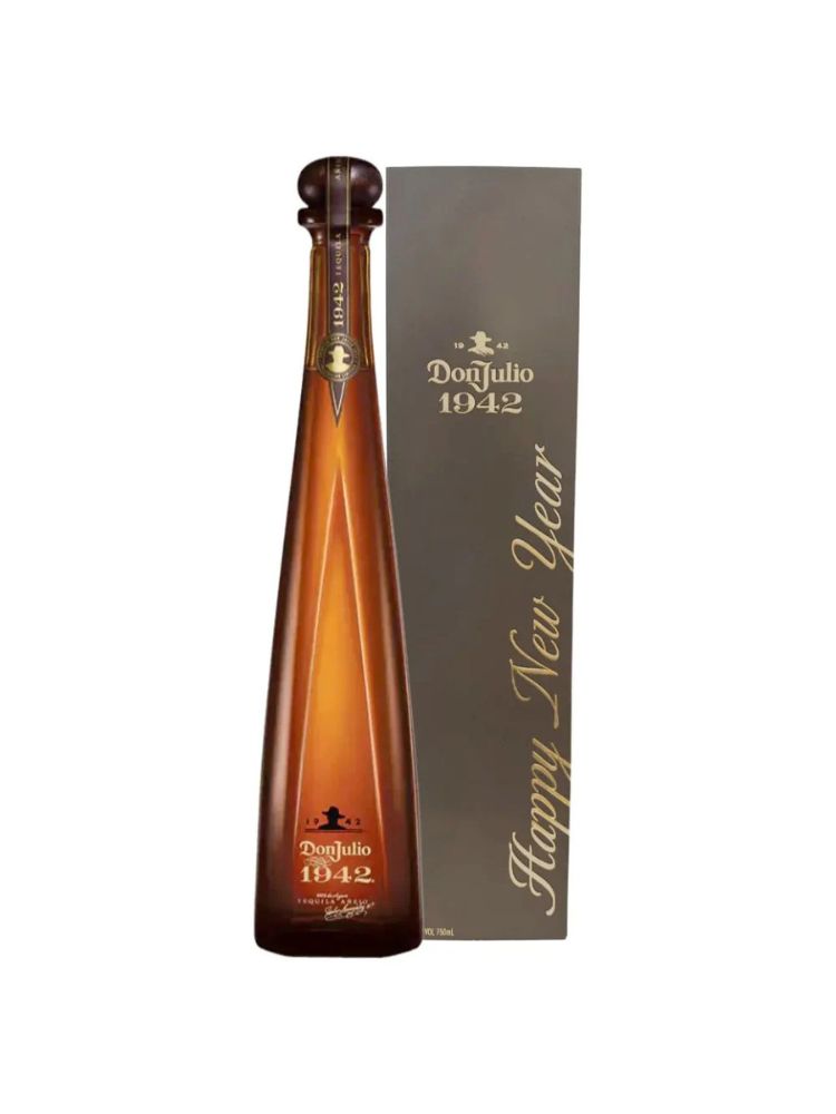 Don Julio 1942 "Happy New Year" Special Edition Gift Box Sleeve, 750mL bottle on white background.