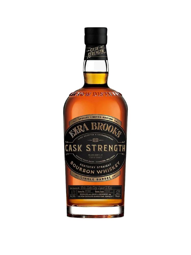 Ezra Brooks Cask Strength Single Barrel Bourbon Whiskey, 750mL bottle on white background