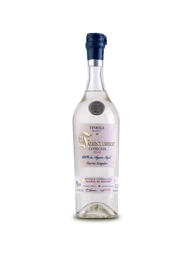 Fuenteseca Cosecha Tequila Blanco 2018 bottle on white background.