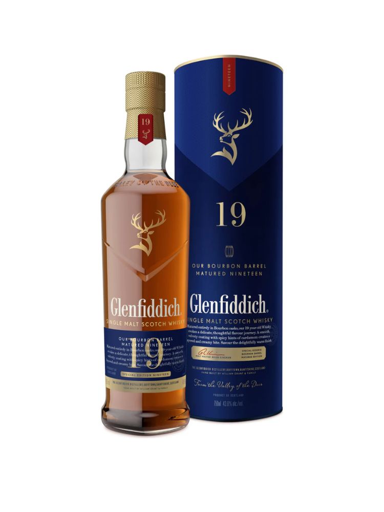 Glenfiddich 19 Year Old Bourbon Cask Single Malt Scotch Whisky, 750mL Bottle on White Background