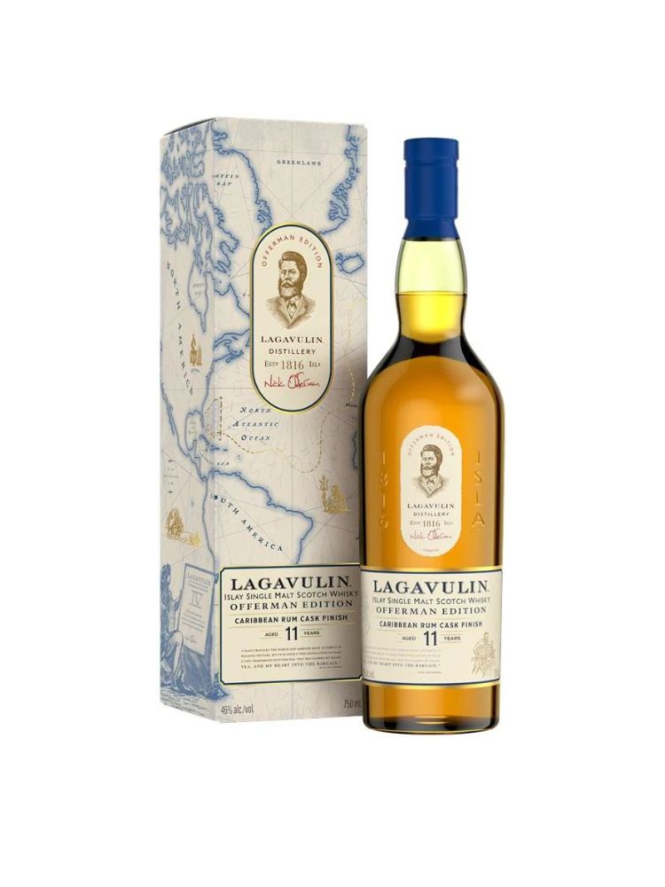 Lagavulin Offerman Edition 11 Year Old Caribbean Rum Cask Finish Single Malt Scotch Whisky, 750mL Bottle on White Background