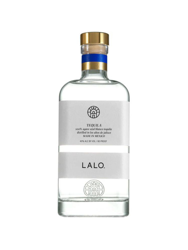 LALO Tequila Blanco bottle on white background.