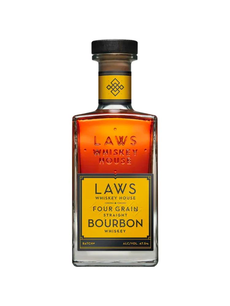 Laws Whiskey House Four Grain Straight Bourbon Whiskey Bottle on White Background
