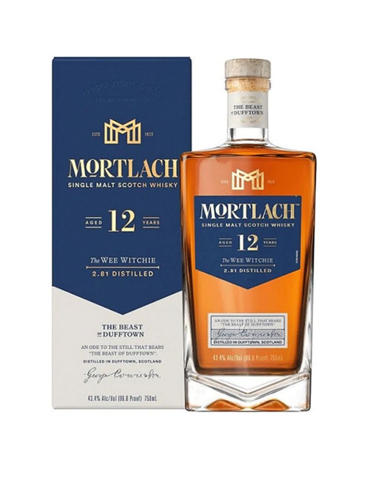 Mortlach 12 Year Old "The Wee Witchie" Single Malt Scotch Whisky, 750mL Bottle on White Background