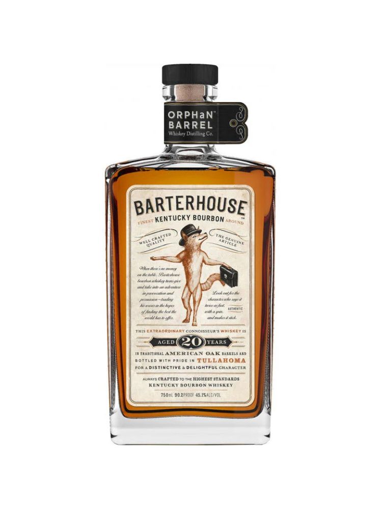 Orphan Barrel Barterhouse 20 Year Old Kentucky Straight Bourbon bottle on white background