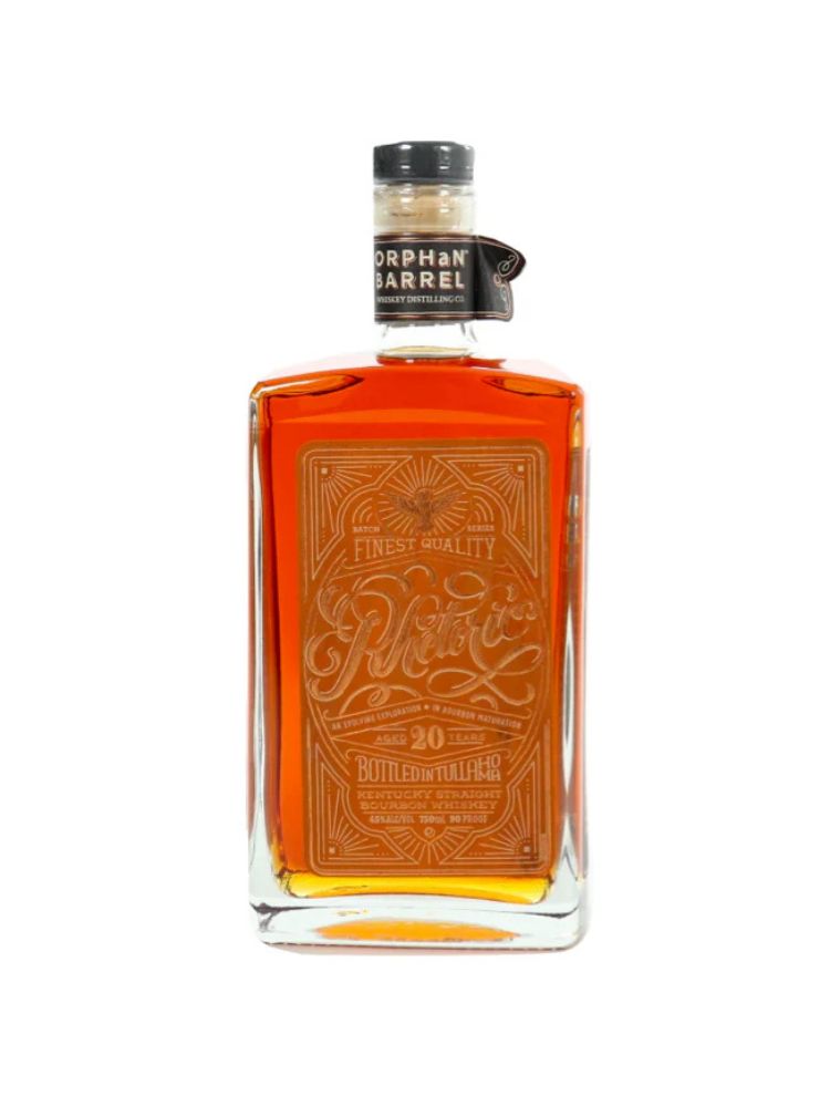 Orphan Barrel Rhetoric 20 Year Old Kentucky Straight Bourbon Whiskey bottle on white background