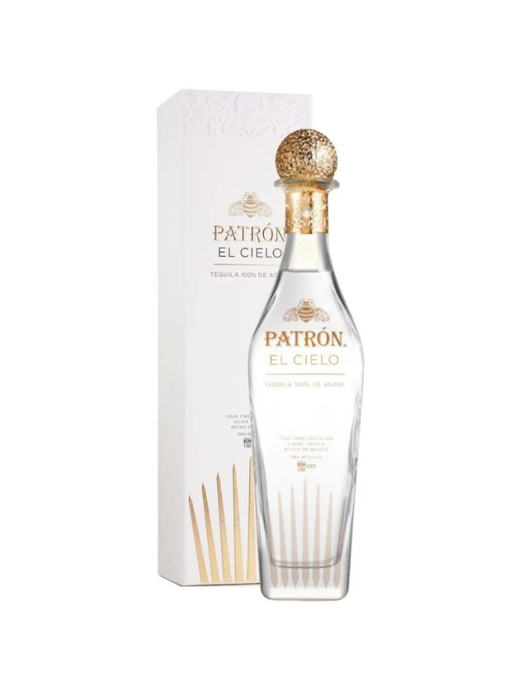 Patrón El Cielo Silver Tequila bottle on white background.