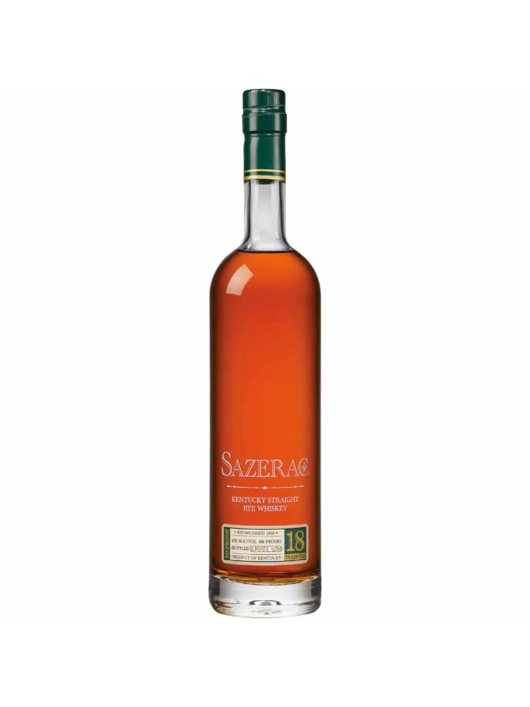 Sazerac 18 Year Old Kentucky Straight Rye Whiskey 2020 bottle on white background.