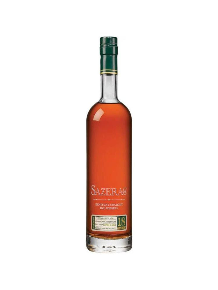 Sazerac 18 Year Old Kentucky Straight Rye Whiskey 2023 bottle on white background.