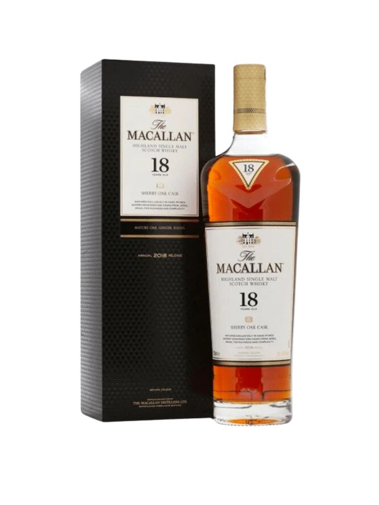 The Macallan 18 Year Old Sherry Oak Single Malt Scotch Whisky, 750mL Bottle on White Background