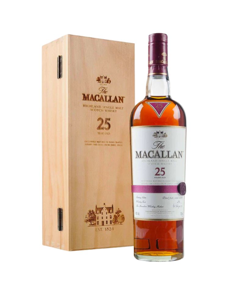 The Macallan 25 Year Old Sherry Oak Single Malt Scotch Whisky, 750mL Bottle on White Background