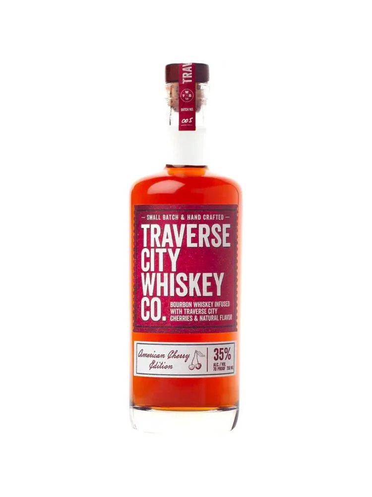 Traverse City American Cherry Bourbon bottle on white background