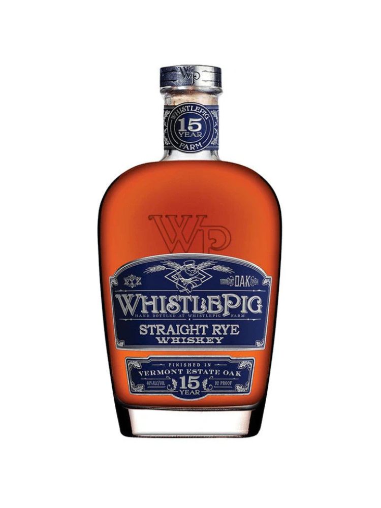 WhistlePig 15 Year Straight Rye, 750mL bottle on white background.