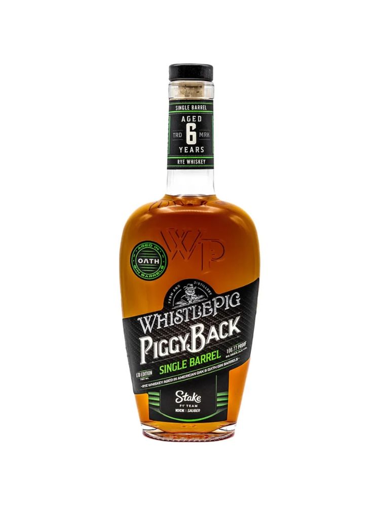 WhistlePig PiggyBack Rye: Stake F1® Team Limited Edition, 750mL bottle on white background.