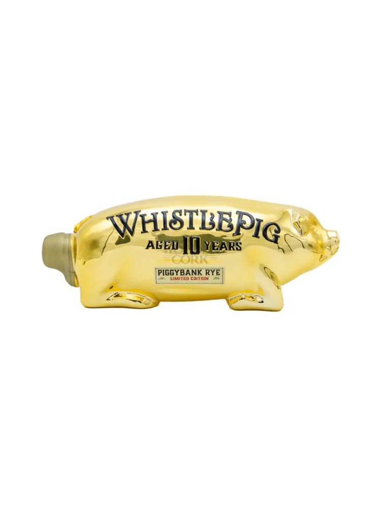 WhistlePig PiggyBank 10-Year Rye Gold Edition bottle on white background.