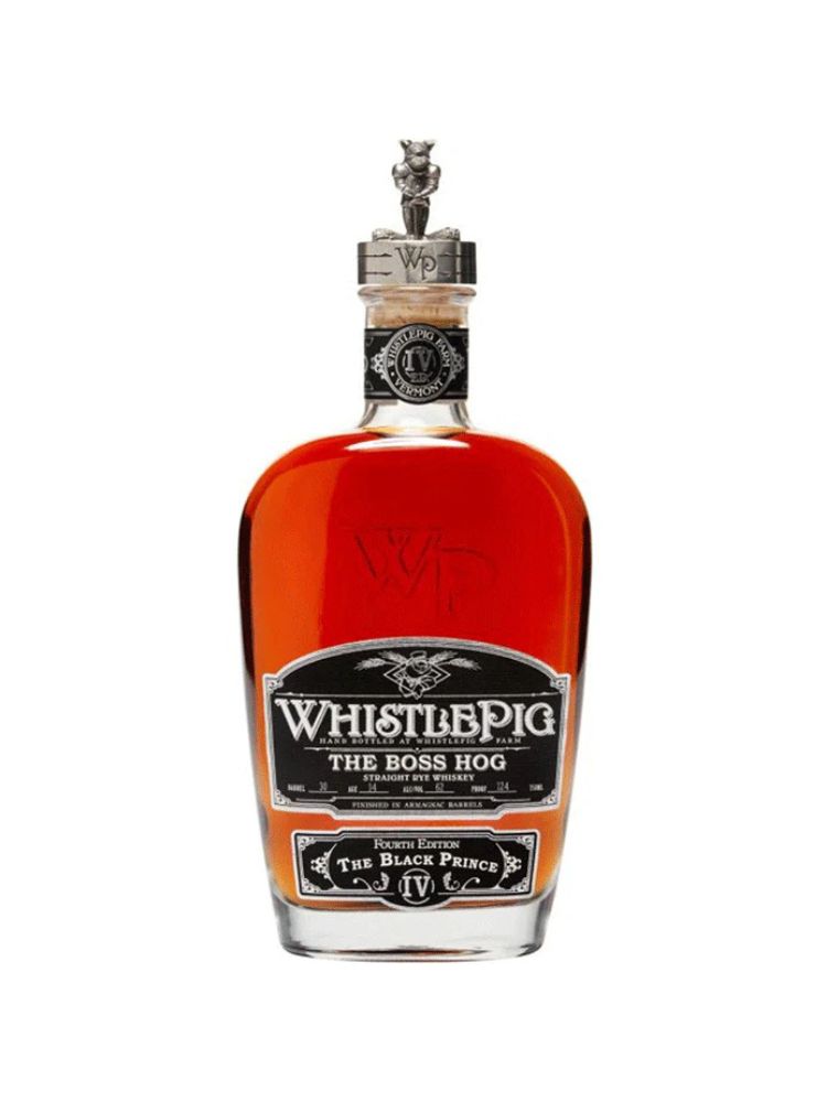 WhistlePig The Boss Hog IV: The SKINNY Black Prince, 750mL bottle on white background.
