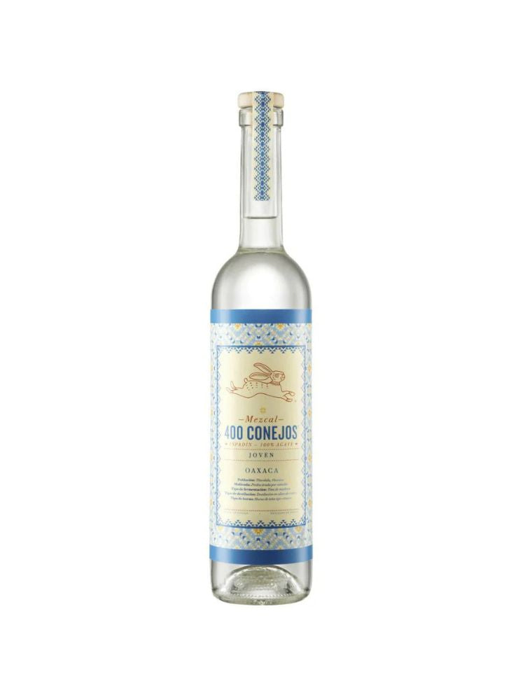 400 Conejos Mezcal Joven bottle on white background.