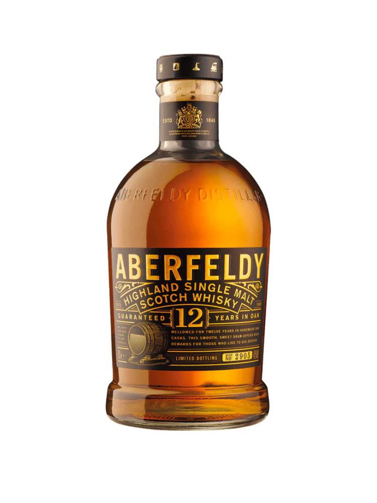 Aberfeldy Single Malt 12 Year Old, 750mL Bottle on White Background.