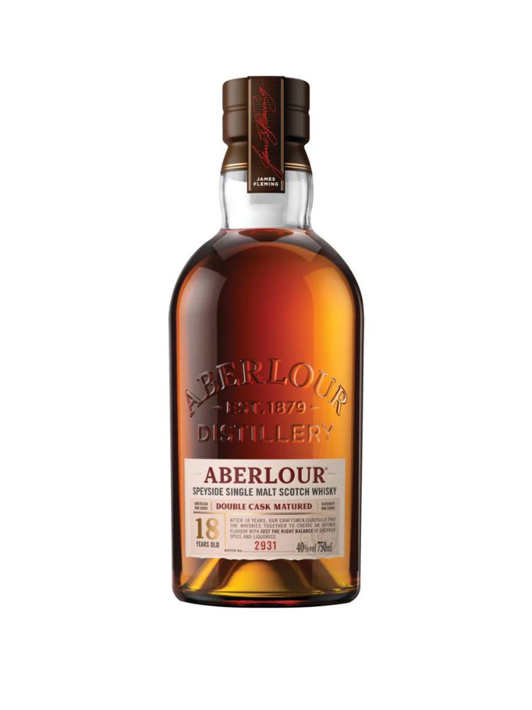 Aberlour Single Malt Scotch Whisky 18 Year Old Double Cask Matured, 750mL Bottle on White Background.