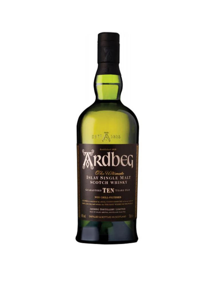 Ardbeg Single Malt Scotch 10 Yr, 750mL Bottle on White Background.