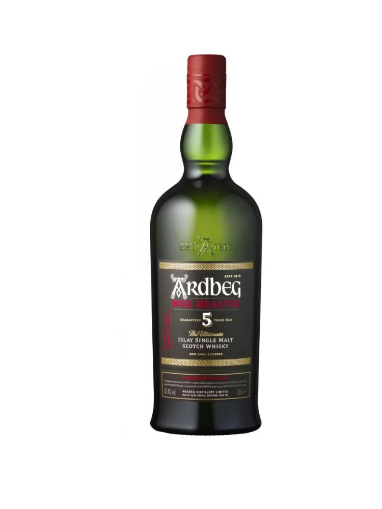 Ardbeg Wee Beastie 5 Year Old, 750mL Bottle on White Background.