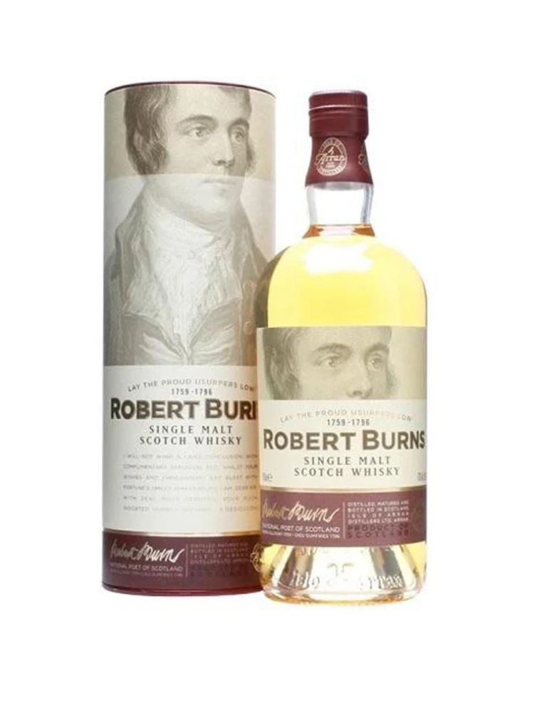 Arran Robert Burns Single Malt, 750mL Bottle on White Background.