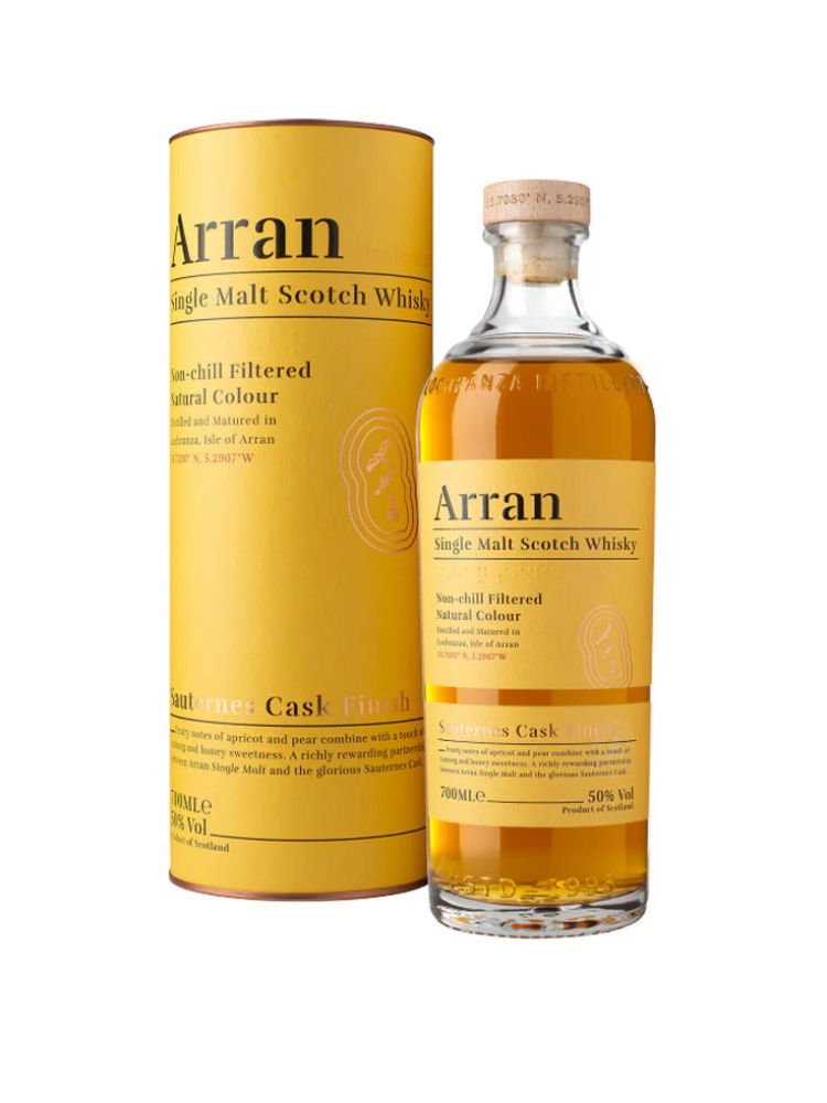 Arran Sauternes Cask Finish, 700mL Bottle on White Background.
