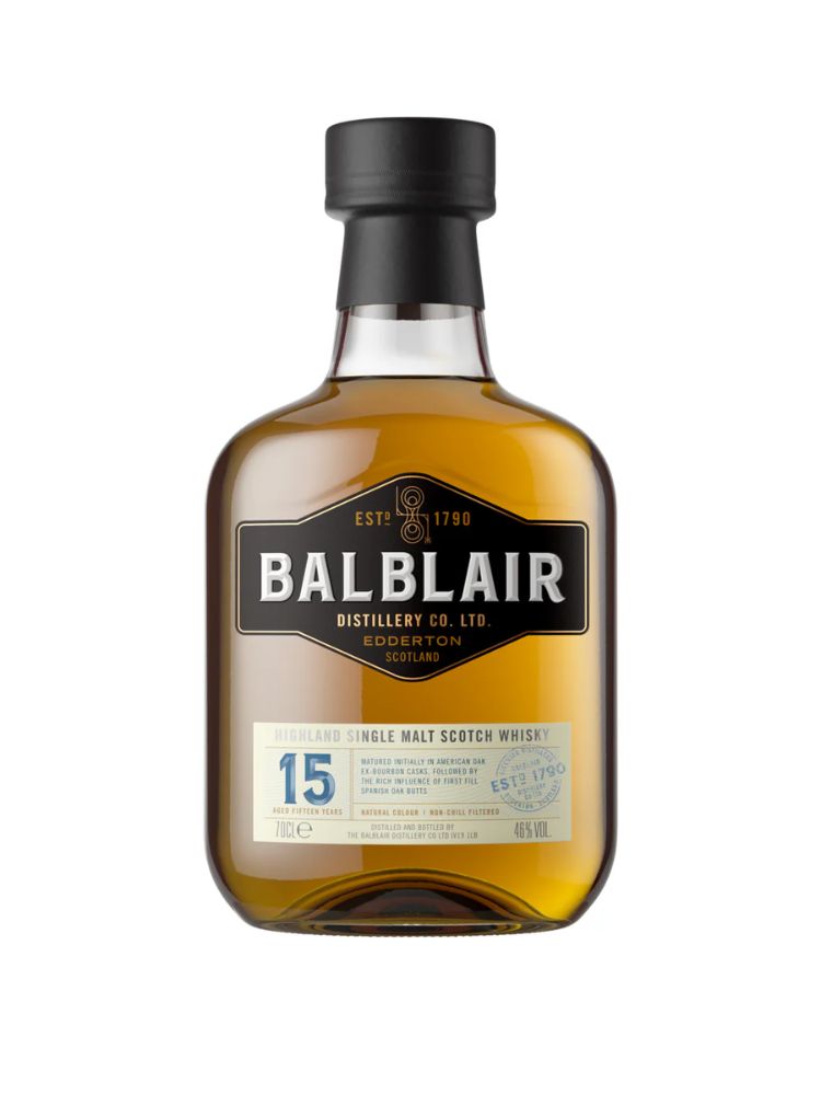 Balblair 15 Year Old, 750mL Bottle on White Background.
