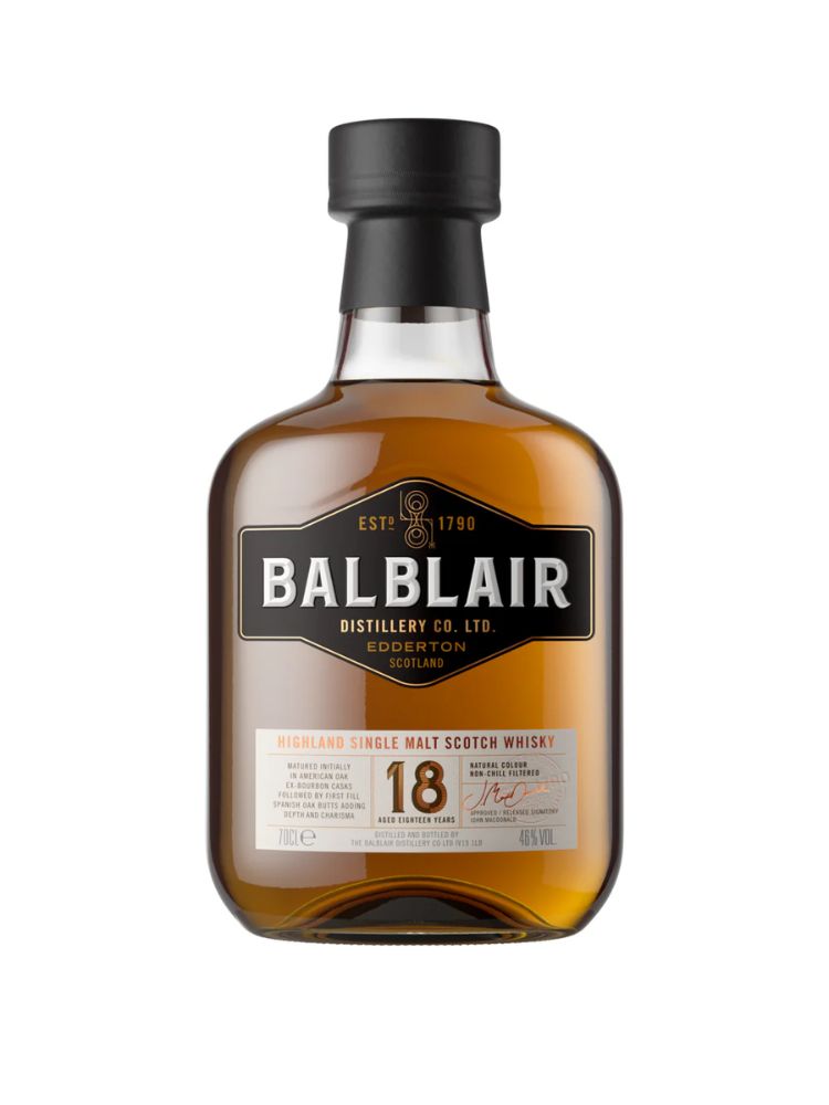 Balblair 18 Year Old, 750mL Bottle on White Background.