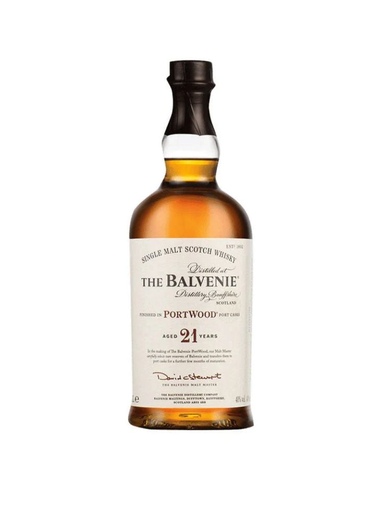 Balvenie 21 Year Old Portwood Finish Single Malt Whisky, 750mL Bottle on White Background.