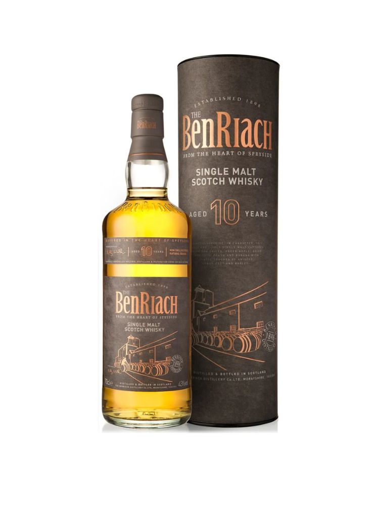 BenRiach 10 Year Old Scotch Whisky, 700mL Bottle on White Background.